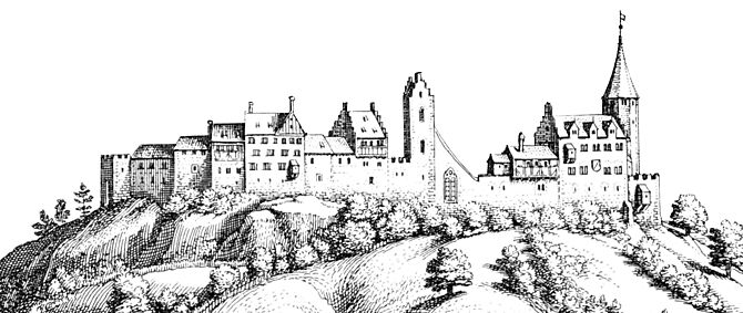 Stich von M. Merian - Dorf Regensberg mit Burg